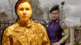 Anastasia Merkushina, en un fotomontaje luciendo los colores de Ucrania y con el traje militar.