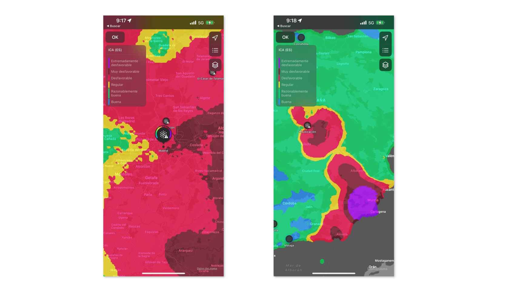 Mapas en iOS con la calidad el aire en la borrasca Celia