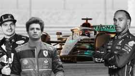 Max Verstappen, Carlos Sainz y Lewis Hamilton, en un fotomontaje junto al Mercedes W13