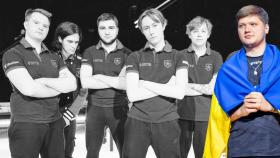Fotomontaje de los miembros de Gambit y Sasha Kostyliev portando la bandera de UcraniaEsports y