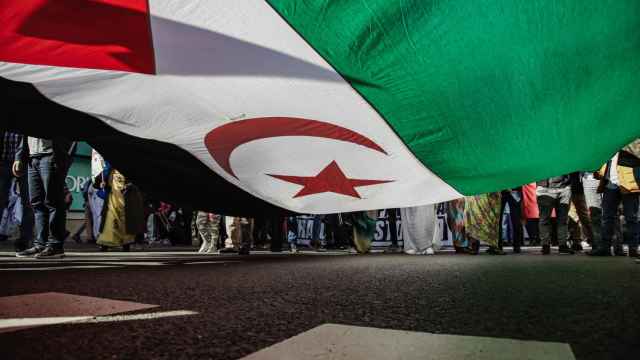 La bandera del Frente Polisario en una manifestación en Madrid el pasado mes de noviembre.