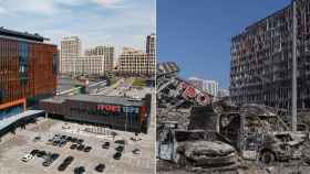 Centro comercial Retroville en Kiev antes y después del bombardeo.