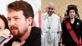 Pablo Iglesias y una de las fotografías de Celaá con el Papa Francisco.