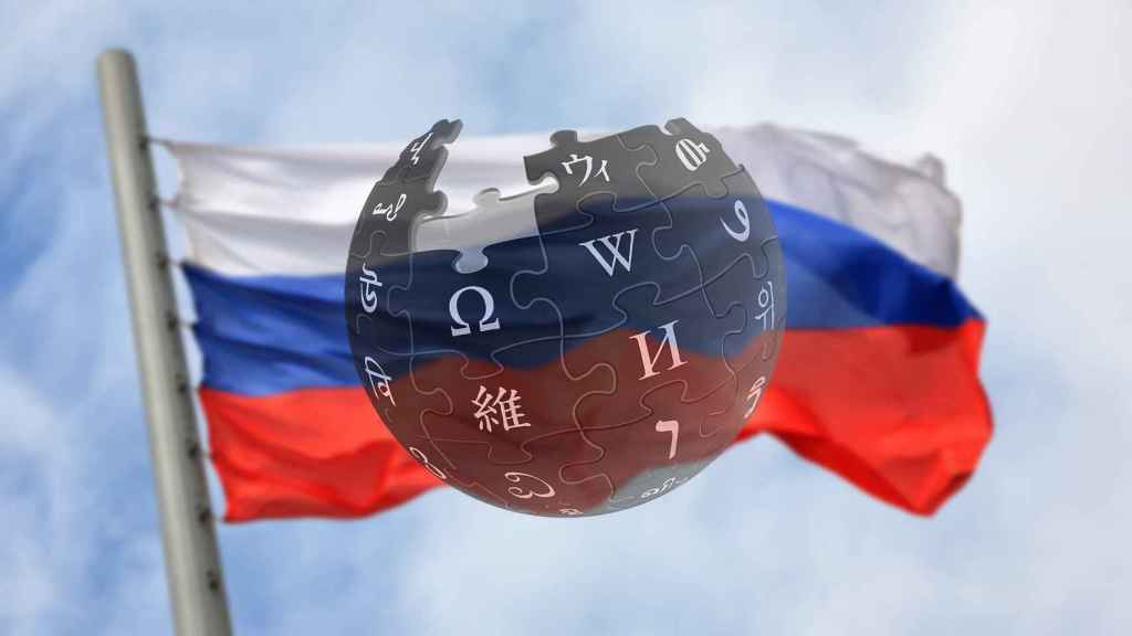 Logo en negro de la Wikipedia y bandera de Rusia