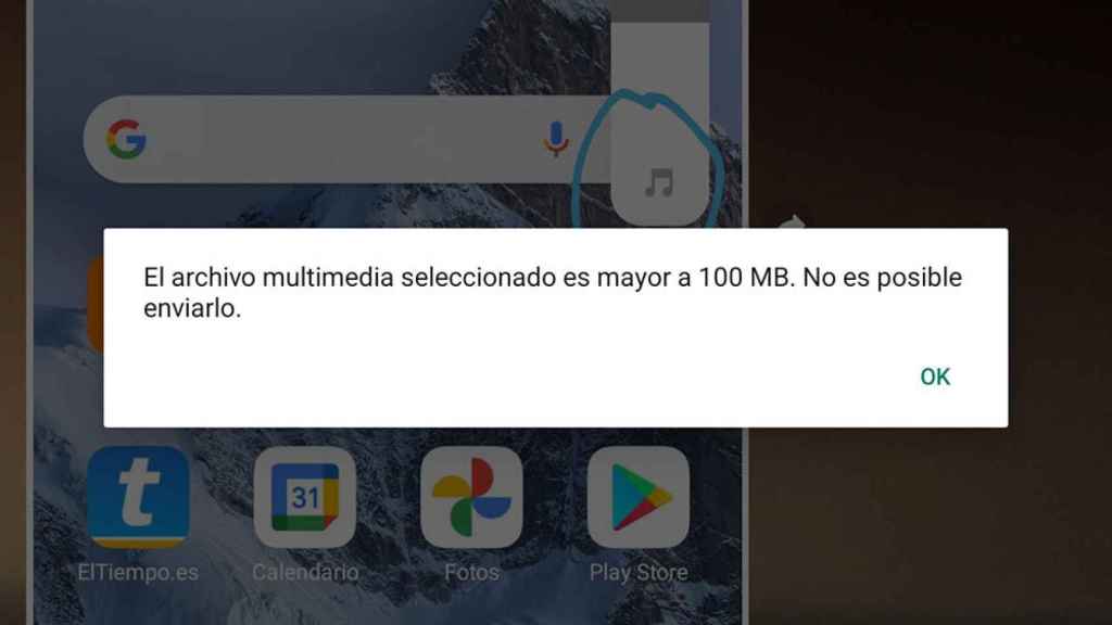 Message that appears in Spain if we try to send a file of more than 100 MB by WhatsApp