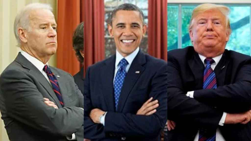 Joe Biden, Barack Obama y Donald Trump, todos con los brazos cruzados en distintos contextos.