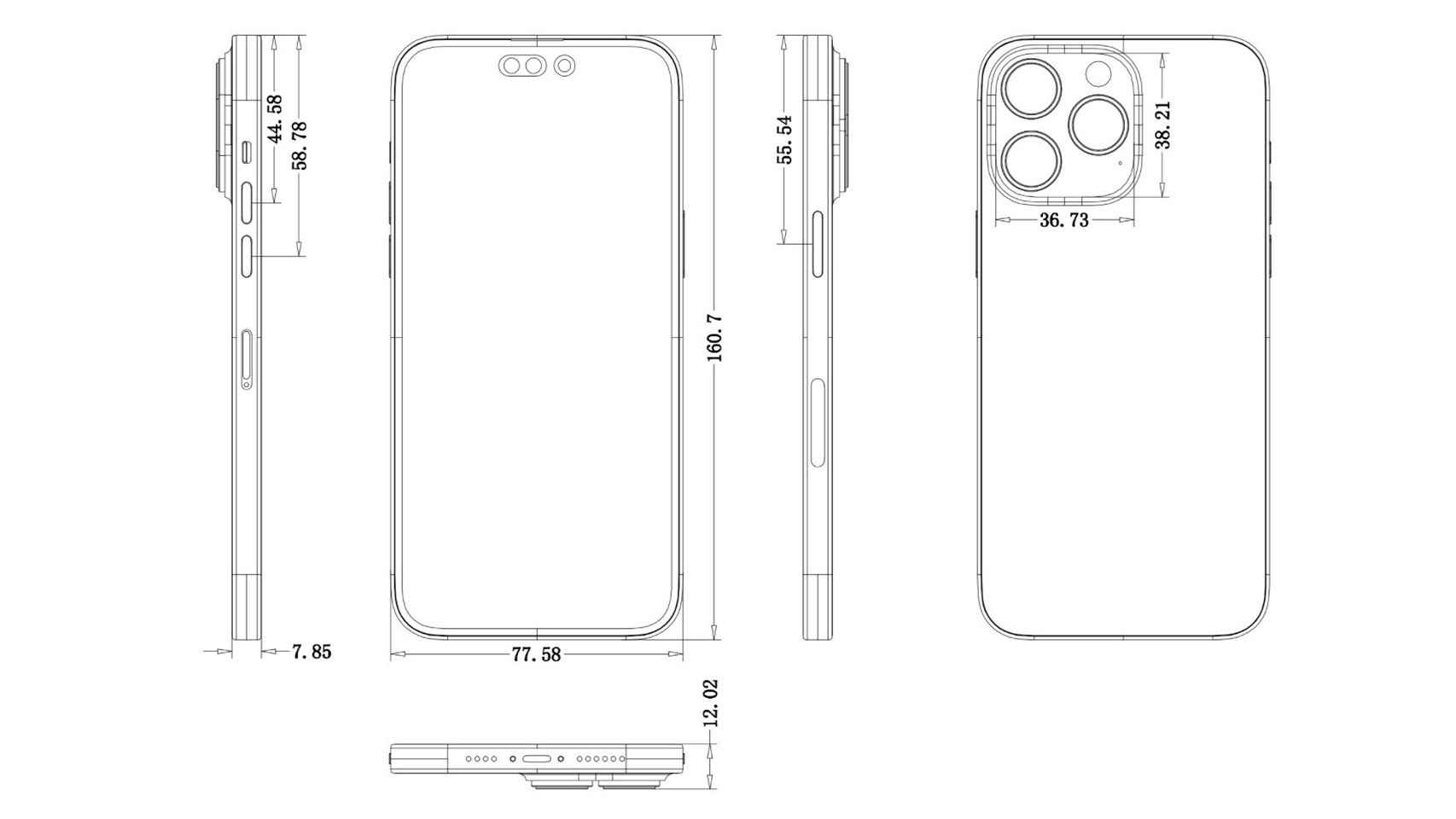 Esquemas CAD de los iPhone 14 Pro.
