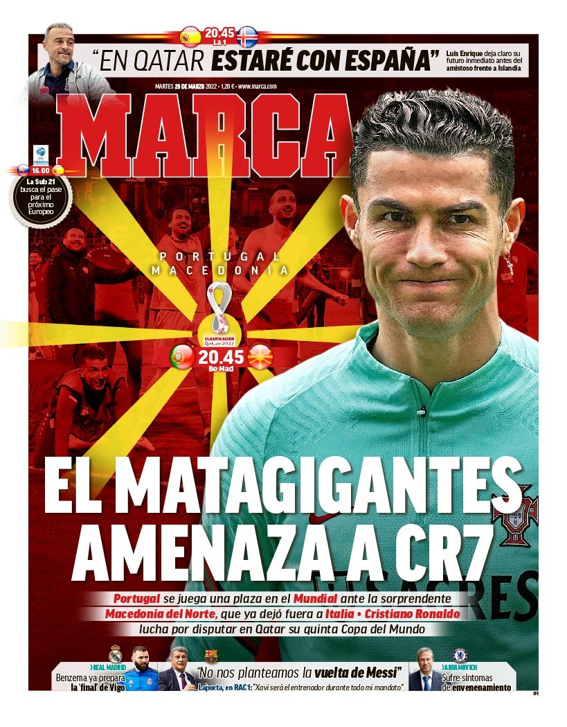 Vacante De todos modos Ficticio La portada del periódico MARCA (martes, 29 de marzo del 2022): "El  matagigantes amenaza a CR7"