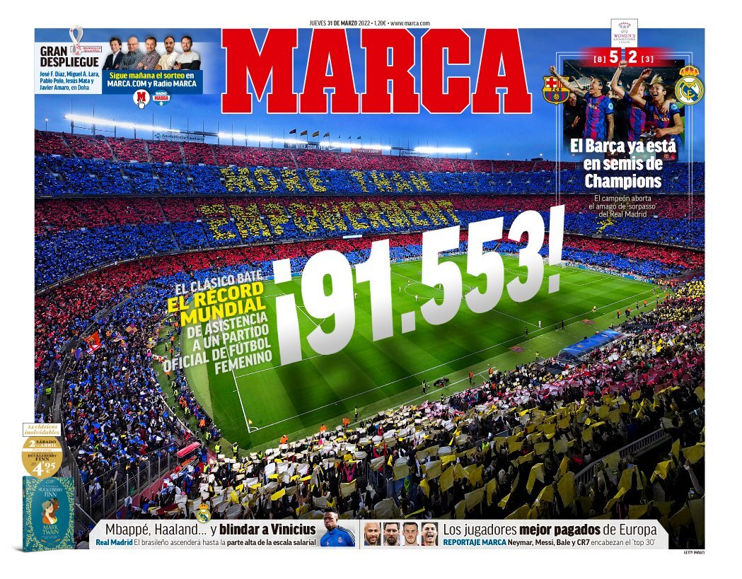 La portada del periódico MARCA (jueves, 31 de marzo del 2022): 