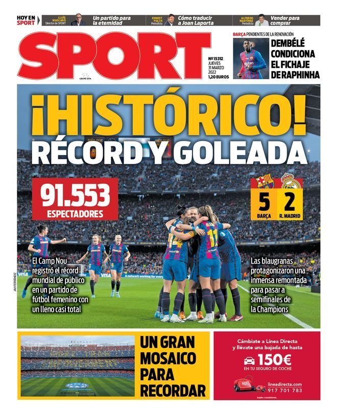 La portada del periódico Sport (jueves, 31 de marzo del 2022): 