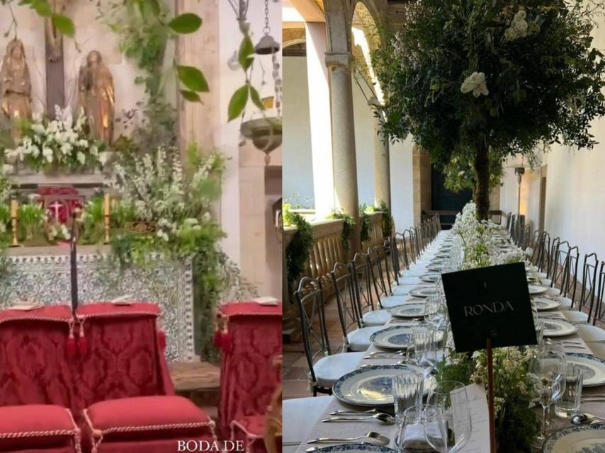 Imagen de la capilla donde Álvaro e Isabelle se dieron el 'sí, quiero' y una de las mesas del banquete.