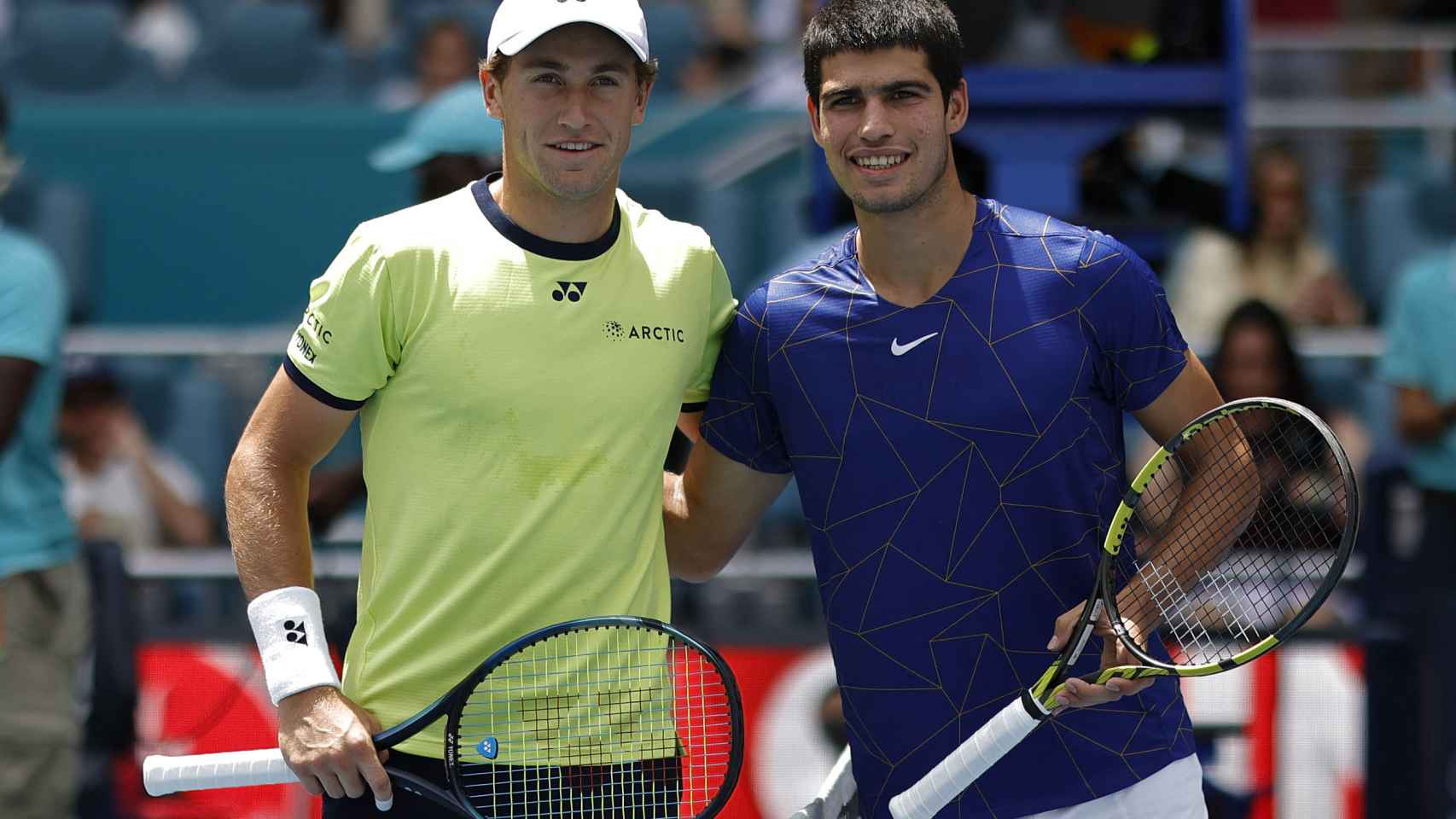 Casper Ruud y Carlos Alcaraz antes de la final del Open de Miami
