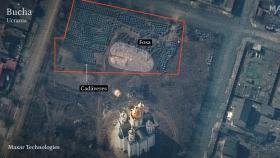 Fosa común con decenas de cadáveres en Bucha, Ucrania.  Satellite image Maxar Technologies