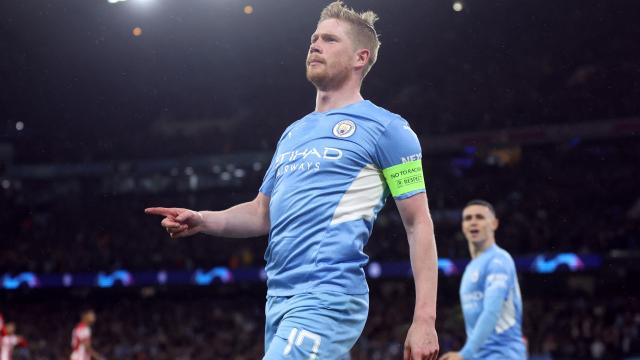 Kevin de Bruyne celebra su gol en los cuartos de la Champions League