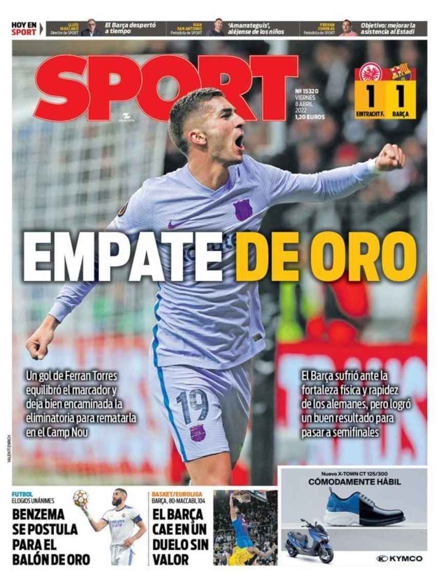 La portada del periódico Sport (viernes, 8 de abril del 2022): 