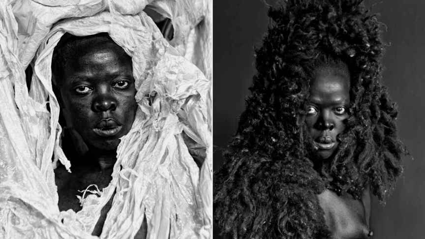 De la serie 'Somnyama Ngonyama': 'Kwala, Parktown', 2016, y, a la derecha,  'Somnyama IV, Oslo', 2015