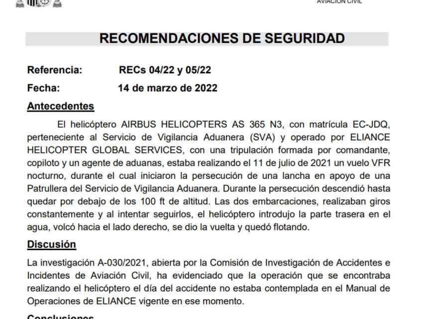 Encabezamiento del informe emitido por la Comisión de Investigación de Accidentes e Incidentes de Aviación Civil.