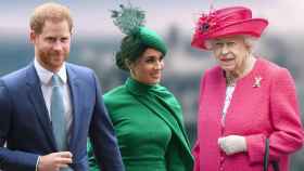 Harry de Inglaterra y Meghan Markle junto a la reina Isabel II en un montaje de EL ESPAÑOL.