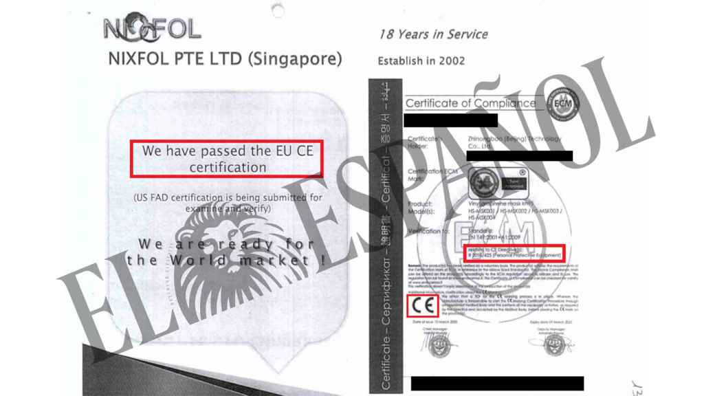 El folleto de las mascarillas, que presenta un certificado oficial no válido para avalar CE.