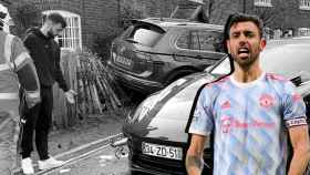 Bruno Fernandes, en un fotomontaje con su coche accidentado.