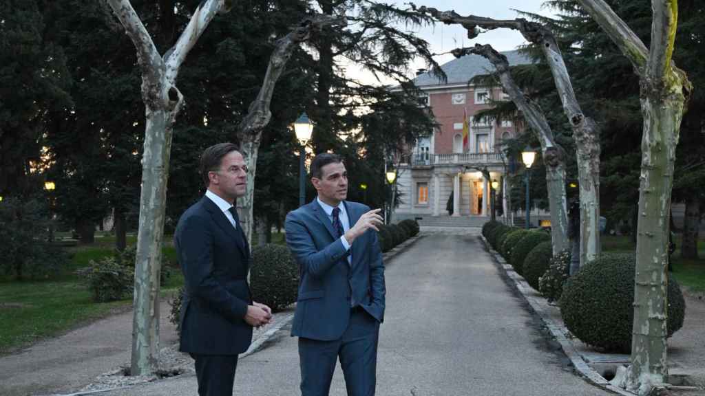 Mark Rutte, primer ministro de Países Bajos, escucha las explicaciones de Pedro Sánchez, en Moncloa.