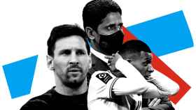 Leo Messi, Nasser Al-Khelaifi y Kylian Mbappé, en un fotomontaje.