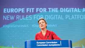 La vicepresidenta de la Comisión, Margrethe Vestager, durante la presentación del proyecto de ley de servicios digitales