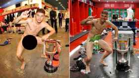 Fotomontaje con las dos imágenes de Joaquín desnudo junto a la Copa del Rey