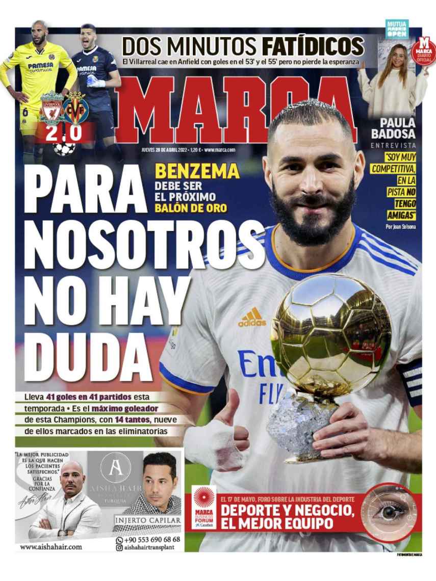La portada del MARCA 28 abril del 2022): "Para nosotros no hay duda"