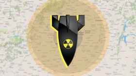 Emoticono de una bomba nuclear en un fotomontaje sobre un mapa.
