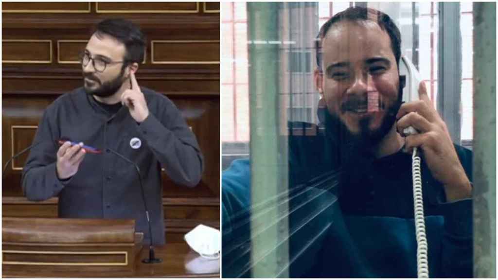 A la izquierda, Botran en la tribuna del Congreso. A la derecha, la foto que le realizó al rapero Hásel al visitarle en prisión.