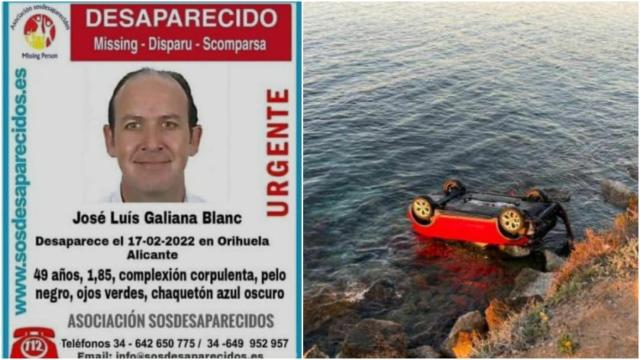 El cartel que se emitió sobre la desaparición de José Luis Galiana, junto a una imagen de su Audi, en el acantilado de Punta Prima.