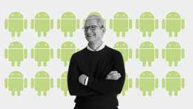 Tim Cook, CEO de Apple, junto al logo de Android.