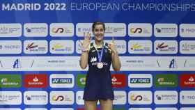 Carolina Marín, este sábado en Madrid, tras ganar su sexto campeonato de Europa de bádminton.
