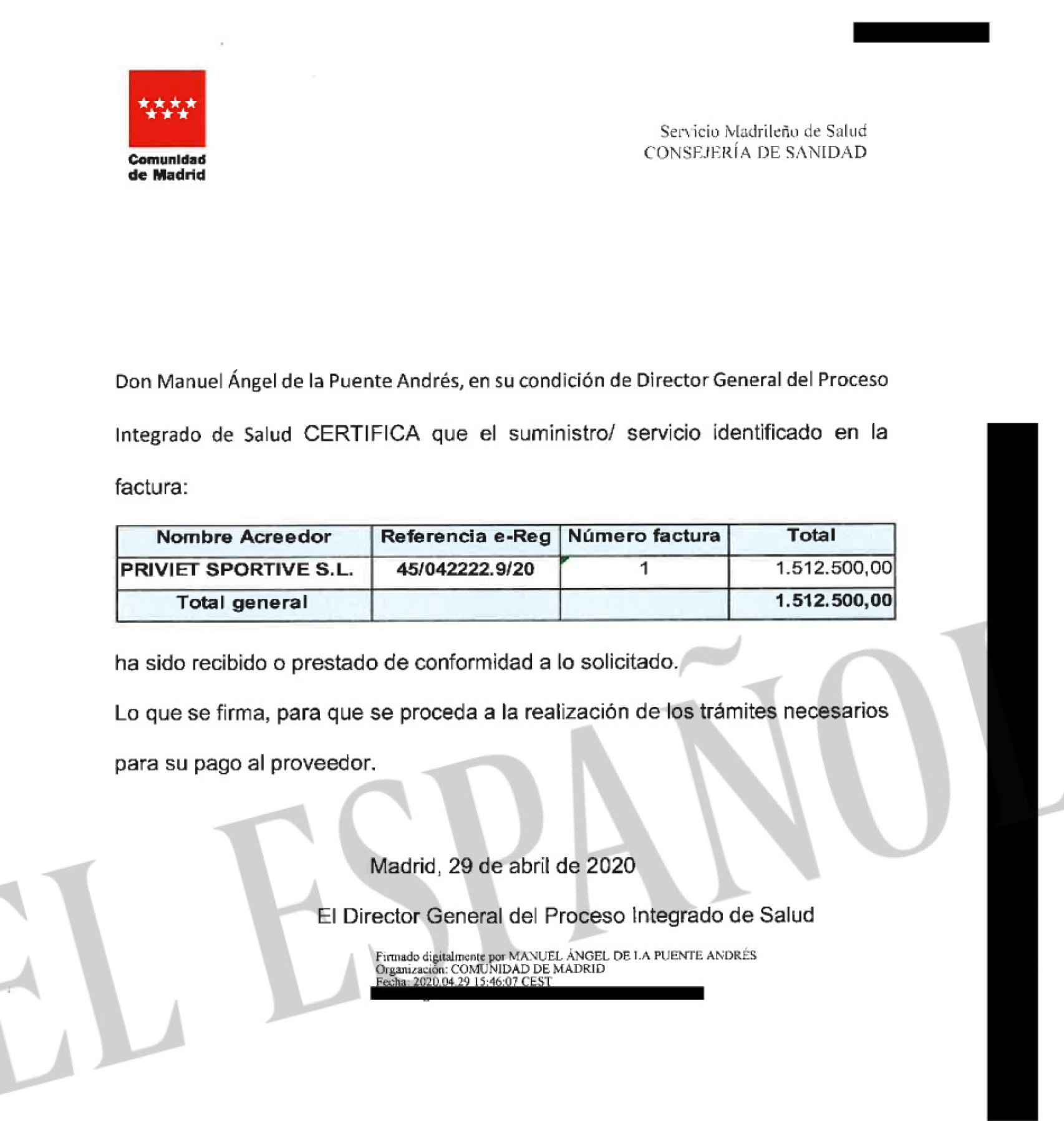 Certificado del suministro recibido por la Comunidad de Madrid.