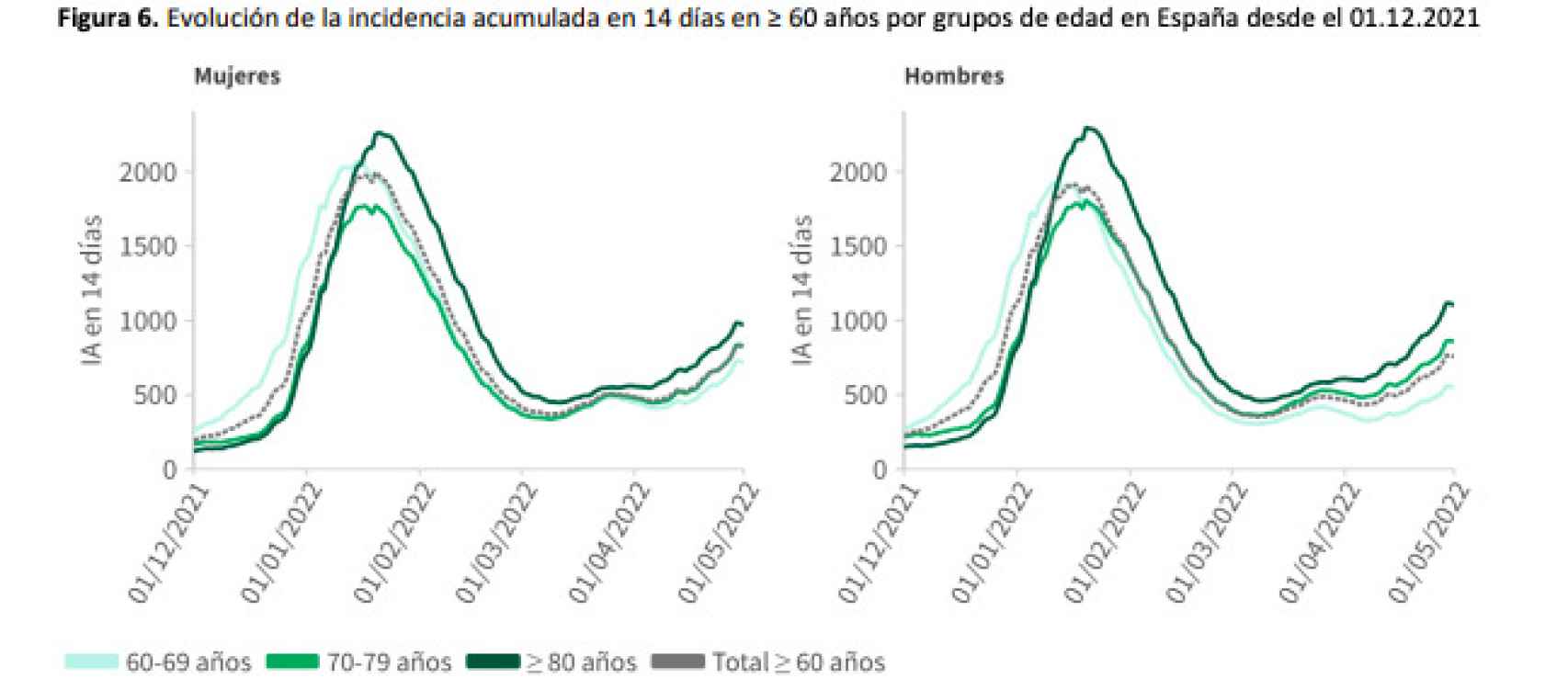 Evolución de la incidencia acumulada en 14 días en ≥ 60 años por grupos de edad en España desde el 01.12.2021