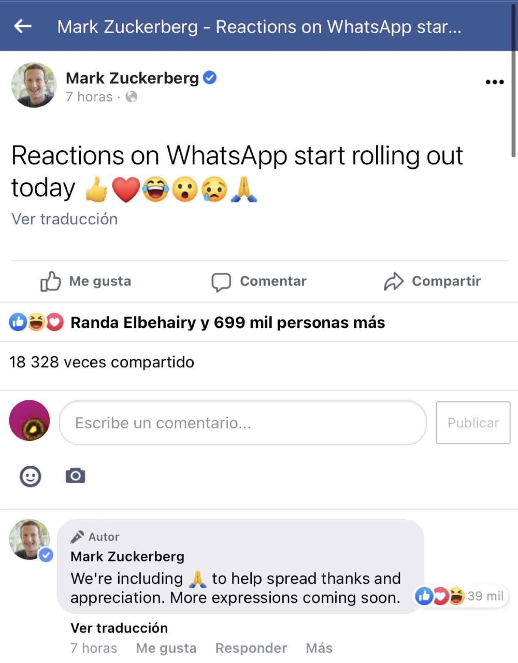 Mark Zuckerberg reacciones WhatsApp