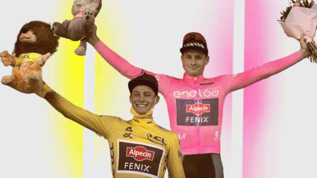 Mathieu Van der Poel, en un fotomontaje con el maillot amarillo del Tour de Francia y el rosa del Giro de Italia.