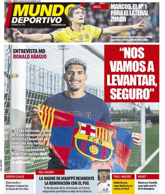 La portada del periódico Mundo Deportivo (viernes, 6 de mayo del 2022):  