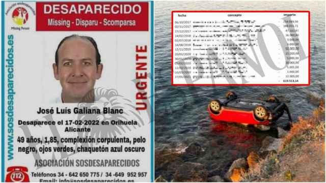 El cartel con la desaparición de José Luis Galiana Blanc y un detalle de los movimientos bancarios que están bajo sospecha.