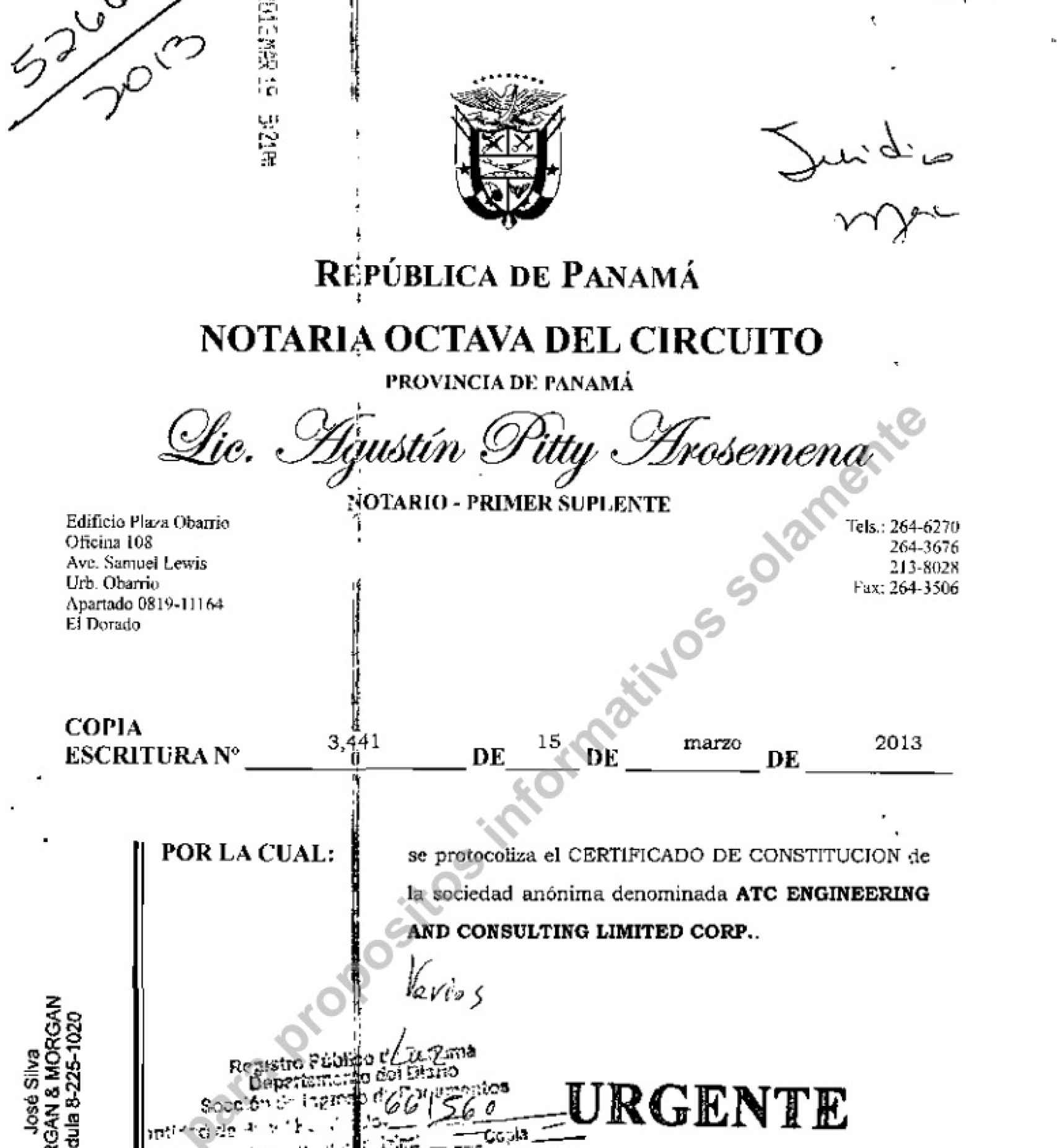 Escritura de constitución de la sociedad  la sociedad ATC Engineering and Consulting Limited Corp, con sede en Panamá.