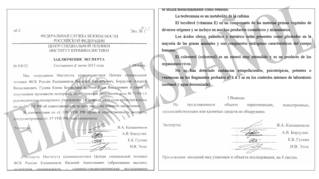 Autopsia de Kuashev; a la derecha, las conclusiones traducidas.