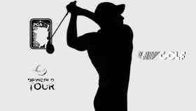 Un fotomontaje con un golfista y los logos de la PGA, del European Tour y del LIV.