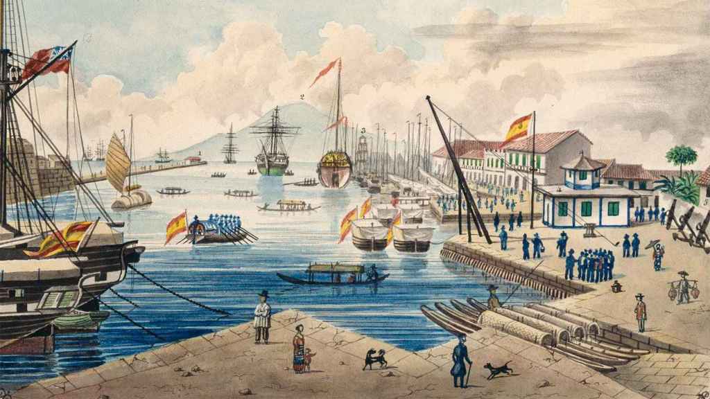 'Desembocadura del río Pasig en la bahía' (de Manila). Acuarela de José Honorato Lozano, 1847. Biblioteca Nacional de España