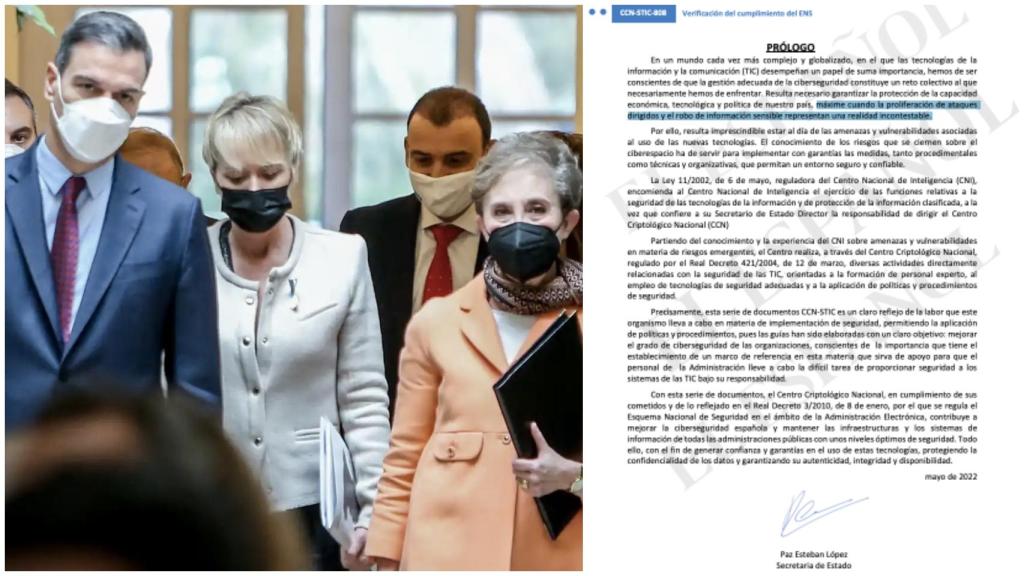 La exdirectora del CNI, junto a Pedro Sánchez. A la derecha, su último documento.