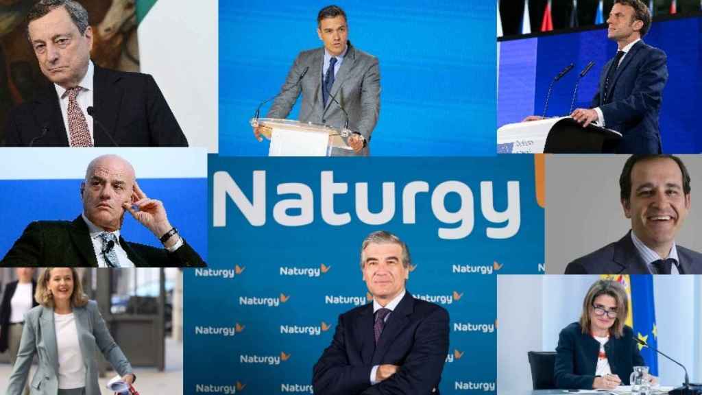 Mario Draghi, Pedro Sánchez, Emmanuel Macron, Claudio Descalzi, Francisco Reynés, Javier de Jaime, Nadia Calviño y Teresa Ribera.