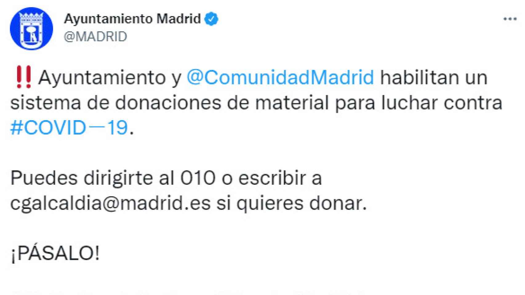 Tuit del Ayuntamiento de Madrid del 22 de marzo de 2020.