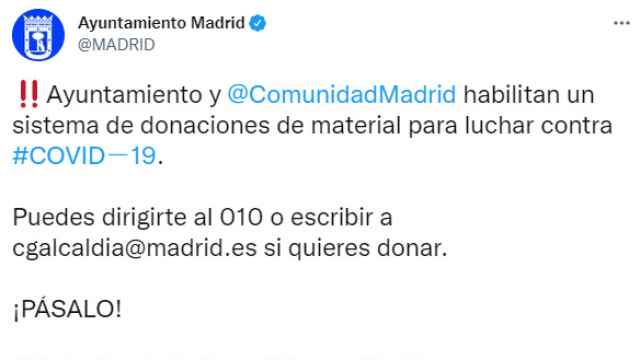 Tuit del Ayuntamiento de Madrid del 22 de marzo de 2020.