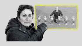 Collage con una imagen de Paquita España y el futbolista detrás con sus Copas de Europa.