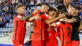 Los jugadores del Málaga celebran uno de los goles contra el Tenerife